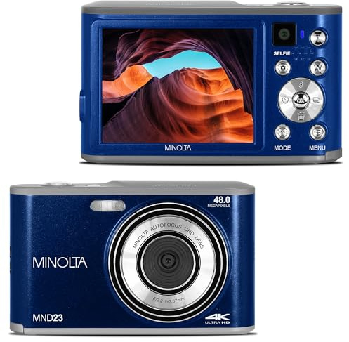 Minolta Fotocamera digitale da 48 Mega Pixel, con obiettivo posteriore per selfie, autofocus e video Ultra HD 4K, blu