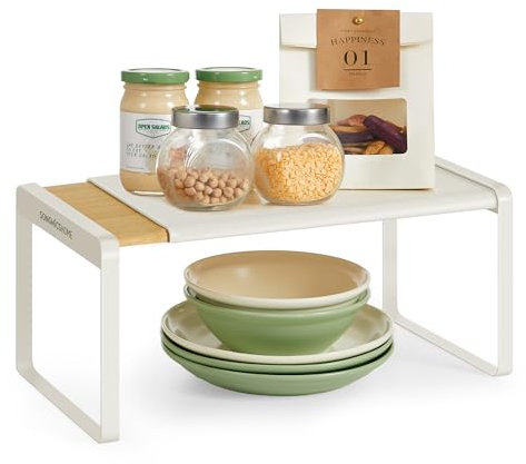 SONGMICS HOME Spice Rack, Extendable Kitchen Organiser Shelf, Cupboard Organiser, Countertop, Small, Stackable, Tabletop Storage, Shoe Rack, Light Bamboo and Cream White KCS052W01