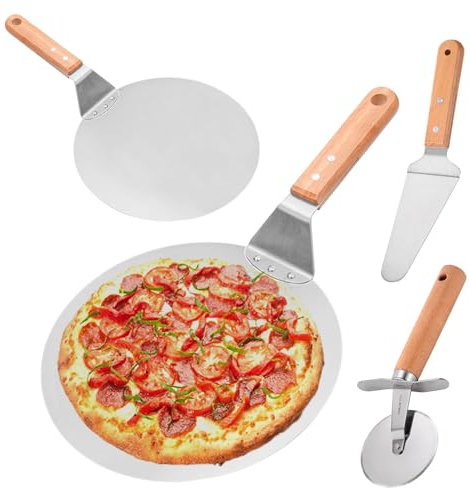 LEKEFETO - Paletta per pizza in acciaio inox per uso alimentare, con manico in legno, con tagliapizza e tagliapizza