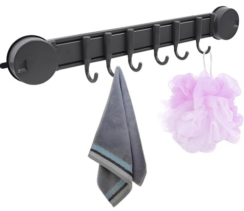 KINDPMA Suction Hooks for Bathroom Vacuum Suction Cup Hooks Wall Mounted Coat Hooks Kitchen Utensil Rack Waterproof Suction Towel Holder with 6 Adjustable Hook for Shower Living Room