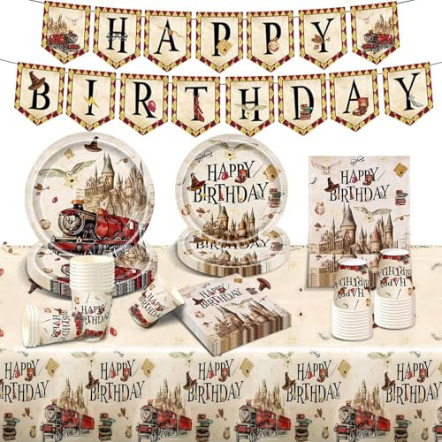 Partygeschirr Geburtstag Deko Wizard Kinder-52Pcs Hary Pappteller Tischdecke Banner Kindergeburtstag Junge Mädchen Geburtstags Geschirr Birthday Party Tableware Supplies Kit Teller Servietten Tassen