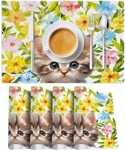 Tischsets Abwaschbar 4er Set, Blumen Katze Platzsets PVC Platzdeckchen rutschfest hitzebeständig, Dekor für Küche Esstisch Urlaub Party 30x45cm