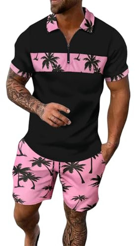 Plein d'Été Hommes Respirant Léger T Shirts Et Shorts Confortables Fitness grande taille Ensembles Sport Plage Vacances Combinaisons De Maison Coton Jogging Gym Vêtements Tenue, rose, XL