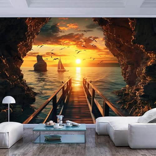 Peel and Stick Giant Photo Wallpaper 3D Wall Mural Cave wooden bridge sea sailboat sunset scenery TV Background Kids Poster Paper Waterproof Eco-Friendly Hd Printing Sofa Stickers Theme Hotel Luxury