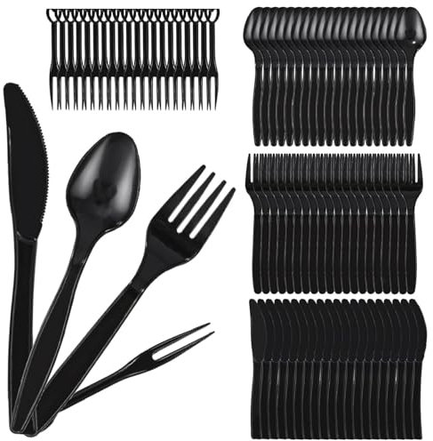 Partygeschirr Plastik,Partybesteck Wiederverwendbar,Plastikbesteck Mehrweg,200PCS Plastiklöffel Plastikgabeln Plastik Messer Obstgabel aus Kunststoff für Party Picknick Bankett (Schwarz)