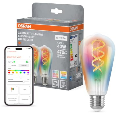 OSRAM SMART+ RGB Filament Edison Lampe mit Matter over Wifi, Vorteilspack mit 2 Stück, E27-Sockel, 5W, 16 Mio RGB-Farben, warmweiß-tageslichtweiß (2700-6500K), funktioniert mit Alexa, Google und Apple