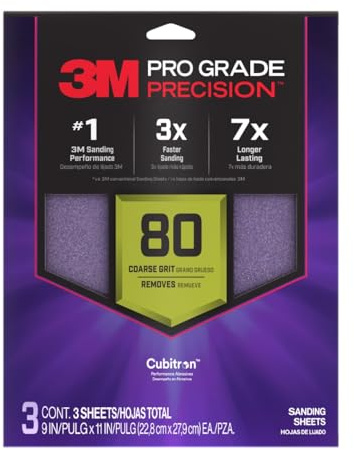 3M SHR80-PGP-3T Pro Grade Precision Faster Sanding, Sanding Sheets, 80-Grit Coarse,9 x 11, 3-Pack