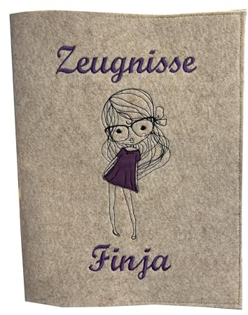 Personalisierte Zeugnis Mappe A4 aus Filz | Mädchen mit lila Kleid | hochwertig bestickt | Schulkind | Geschenk | Schulstart | Zeugnisordner | Zeugnismappe für Mädchen