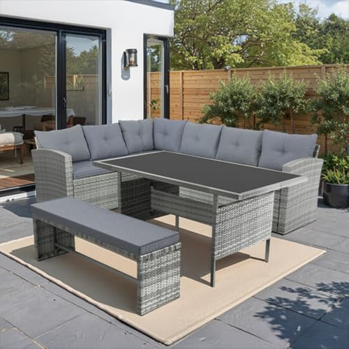 CONCEPT USINE Salon de Jardin Repas 8 Places Moorea Gris Résine Tressée | Coussins déhoussables 5 cm zippés, table rectangulaire au plateau verre trempé facile d'entretien.