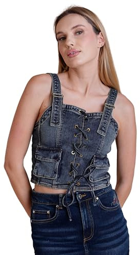Enorsia Womens Denim Crop Vest Top Navy Lace-Up Front Fitted Body, Square Neckline, Adjustable Straps Flap Pockets, Sleeveless Corset Style for Summer Outfits(16, Vintage Mid Wash)