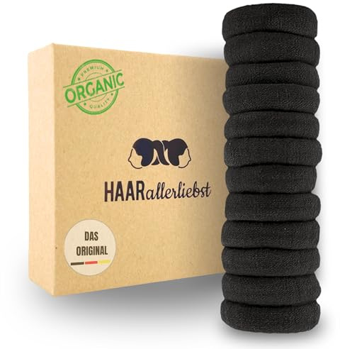 Haarallerliebst Haargummi Damen 12er Set – Haargummis soft ohne Metall aus Bio-Baumwolle & Naturkautschuk – Zopfgummi schwarz für starken Halt – Schonend zu Haar & Umwelt