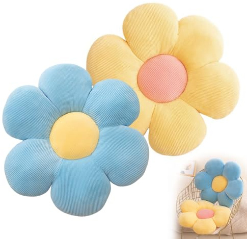 Blume Bodenkissen, 2 Stück Blumenbodenkissen Sitzkissen, 38x38cm Blumenboden Kissen Tatami Blumenförmiges, Weiches Blütenblattkissen, Kissen Blumenform für Schlafzimmer Sofa Couch(Gelb und Blau)