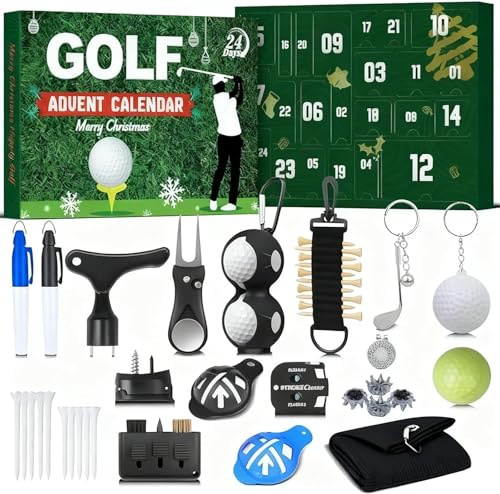Golf-Adventskalender 2025, 24 Tage Weihnachts-Countdown-Kalender mit Golfzubehör, Tees & Ballmarkern, Punktezähler, Weihnachtsüberraschungsgeschenke für Ihn, ideal für Vater, Ehemann oder Freund (A)