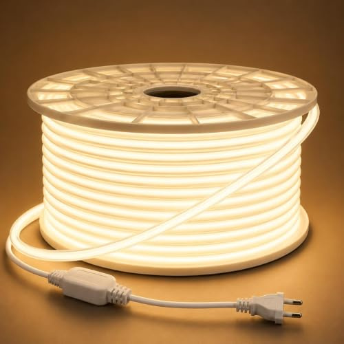 Tira LED 100 METROS 230V, Luz Cálida 3000K, IP65 | No necesita fuente de alimentación, 288 LEDs/m, Impermeable,exterior, Cortable cada 50 cm, Incluye Cable