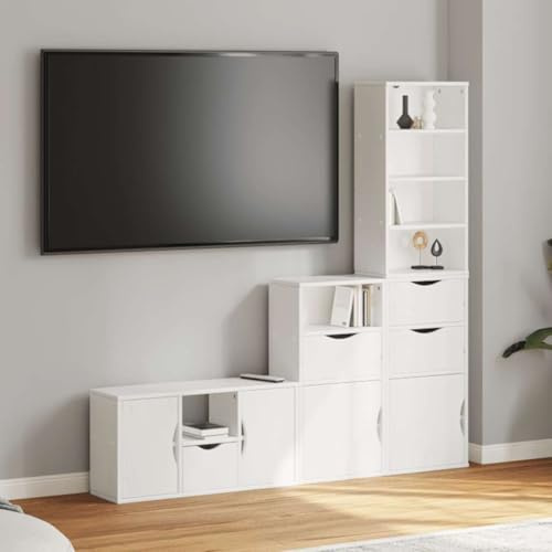 Frdhee Fernsehkommode, 4-TLG. Wohnwand mit Stauraum ODDA Weiß Massivholz Kiefer Fernseher Highboard für Wohnzimmer, Esszimmer, Schlafzimmer