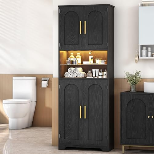 Hzuaneri Badezimmerschrank mit LED-Beleuchtung, Badschrank mit 4 Türen | Hoher Beistellschrank mit Verstellbaren Ablage, Offene Fächer, Badezimmer, Wohnzimmer, 30 X 60 X 170 cm, Schwarz SC68204XEU