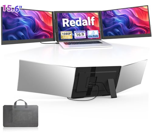 Redalf 15.6“ Laptop Screen Extender, Ultra Light 1080P FHD Triple Portable Monitor for 13-17.3 Laptops, USB-C/HDMI Plug & Play Laptop Monitor Extender Compatible with Win/MacOS/Chrome/Android