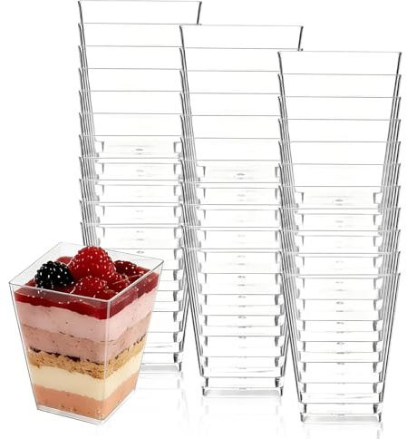 TAOBWN Mini Dessert Cups, 50 Pcs Square Cheesecake Pots, 8oz/240ml Square Plastic Mini Dessert Cups, Plastic Dessert Pots for Parfaits,Puddings,Mousses,Tiramisu, Appetizers(Transparent)