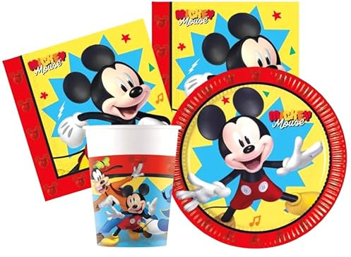 Kit Compleanno Tavola 16 Persone (52 Pezzi: 16 Piatti 18cm, 16 Bicchieri 200ml, 20 tovaglioli) in Carta (Mickey Mouse)