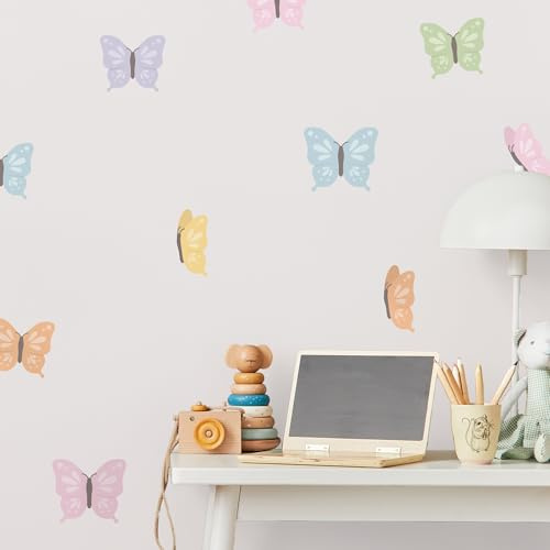 Klebekerlchen® | Wandtattoo Kinderzimmer Mädchen & Junge, Wandsticker selbstklebend, wiederverwendbare Kinderzimmer Deko – Bunte Schmetterlinge (Set mit 18 Motiven)