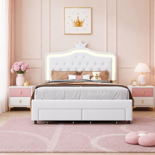 Letto imbottito 140 x 200 cm, letto principesse con illuminazione a LED, Letto matrimoniale con Testiera regolabile a forma di corona, Letto per bambini con rete a doghe e cassetto, senza materasso