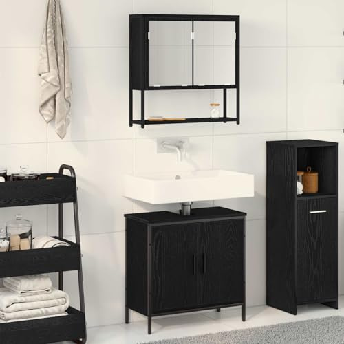 mzdioop Bathroom Furniture Set Black Made of Wood Material with Washbasin and Mirror Cabinet 60 x 30 x 60 cm Space-Saving Hanging for Bathroom Storage and Storage Space
