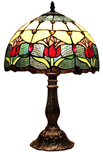 Bieye L30020 Tulpe Blume Tiffany Stil Glasmalerei Tischlampe Nachtlicht mit 12 Zoll Breite handgemachte Lampenschirm Metallbasis für Schlafzimmer Wohnzimmer, 18 Zoll hoch, rot grün