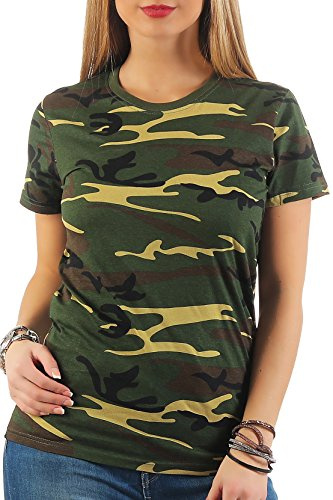 Happy Clothing Damen Camouflage T-Shirt Army Bundeswehr Tarnfarben XS-XL | 100 % Baumwolle, Woodland Design, Rundhalsausschnitt, Doppelnähte, leicht anliegend, Ärmel stehen nicht ab