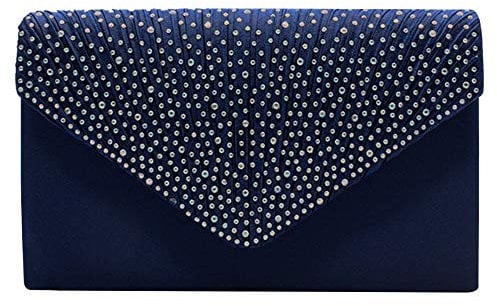 Women Diamante Envelope Clutch Bag Evening Handbag Purse Wedding, Bridal, Prom, Party Shoulder Bag (Navy)