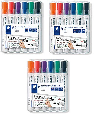 Staedtler Lumocolor 351 WP6 - Rotulador para pizarra blanca, punta redonda de aproximadamente 2 mm, 6 colores (3 estuches)