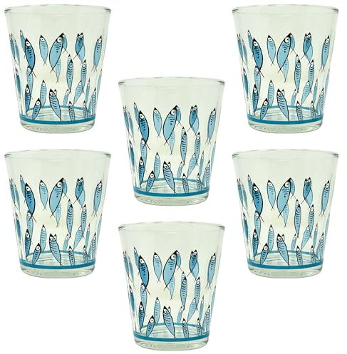 NAMAI - Set di 6 Bicchieri Acqua Vetro, Eleganza Marina, 325 ML, Adatti In Lavastoviglie e Microonde, Bicchieri Colorati Vetro, Idea Regalo (Bicchieri Fish)