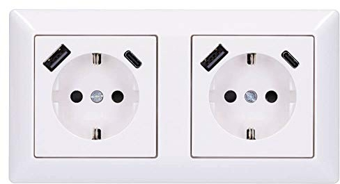 Jung SCHUKO USB-Steckdose Typ AC (3A) Komplett-Set Serie AS: 2x Steckdose A152015CAWW und 2-fach Rahmen AS582WW Alpinweiß