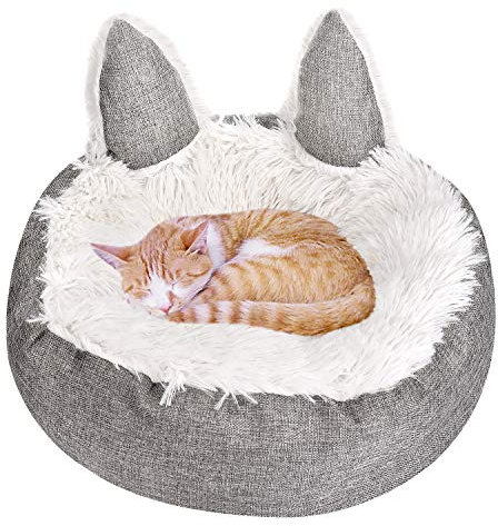 Queta Haustierbett für Katzen und Hunde, Rundes Plüsch Weich Hundebett, Schöne Katzenbett in Katzenohren-Form(45cm) (grau)