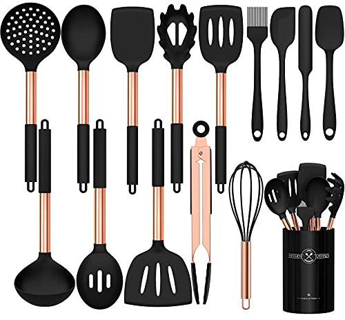Umite Chef Ensemble d’ustensiles de cuisine en silicone avec poignée - Anti-adhésifs (15 pièces, noir et or rose)