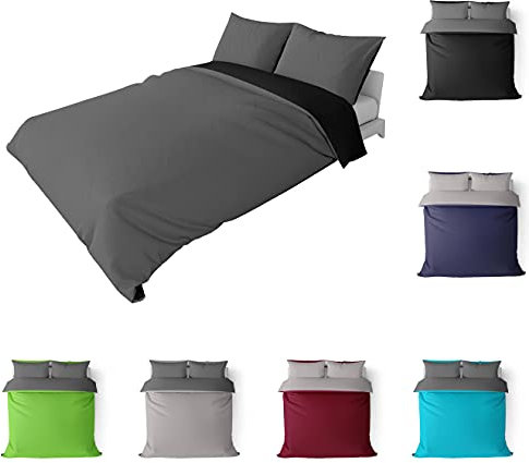 BaSaTex Bio Renforcé Bettwäsche und Kissenbezug | 100% Bio-Baumwolle | Reißverschluss | 155x220 + 80x80 cm |Uni Schwarz/Anthrazit-Stahlgrau