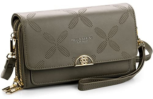 PAULO SERINI® Umhängetasche Damen | Handytasche zum Umhängen aus 100% veganem Leder | Handtasche Damen kleiner Crossbody Bag mit 2 Fächern & Reißverschluss | Women Purse Olive Green | grün