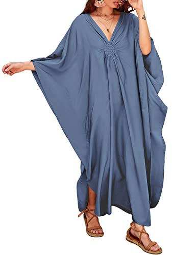 Bsubseach Women Casual Kaftan Batwing Sleeve Plus Size Swimsuit Cover Up Maxi Beach Dress Denim Color
