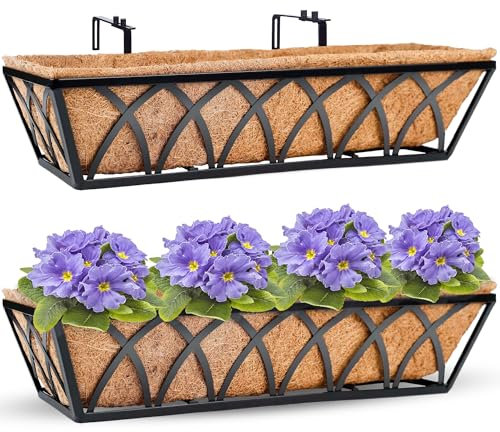 HFHOME 2Pcs 24/60.9cm Hanging Flower Baskets, Wall Mounted Trough Basket with Coco Liner, Metal Window Deck Box for Window Box Porch Balcony Fences