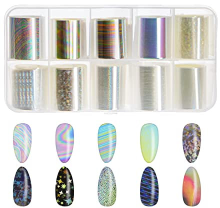ECSiNG 10 Rollen Set Maniküre Holografisch Nagelfolie Transferfolie Glänzend Aufkleber Abziehbilder Nagel Kunst DIY Dekoration Weiß Perle Farbe Stil B