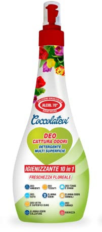 COCCOLATEVI Deo 10 in 1 Freschezza Floreale 300 ml Cattura Odori, Detergente Igienizzante Multi Superficie con Alcol 50°, Igienizza, Pulisce, Deodora e Profuma