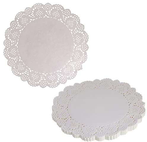 DBOO 100 Pcs White Round Cake Decorating Pads Lace Paper Doilies for Plates Cupcake Cakes Biscuits Placemat (100 Pack - 8.5inch/21.5cm)