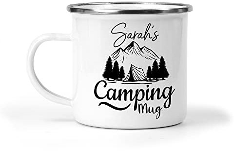 Personalised Camping Mug Enamel Cup Indoor Outdoor Gift for Men Ladies Mum Dad Children Tea Coffee Gifts Camper Holidays Adventure Tent Accessories Birthday Christmas Present