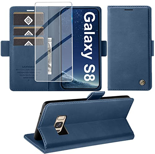Giyer Handyhülle für Samsung Galaxy S8 Hülle mit Schutzfolie, Schutzhülle Galaxy S8 Standfunktion Premium Leder Wallet Silikon Phone Case Cover Hüllen S8 Klapphüllen 5.8 Zoll (Blau)