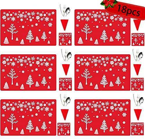 18PCS Christmas Placemat with Cup Mats,christmas table mats,Christmas PVC Placemats Coasters Cutlery set Het Resistant Waterproof Xmas Table Mats, for Xmas Party Home Dining Table Decoration(red)
