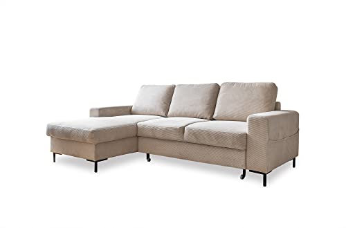 MIUFORM Ecksofa mit Schlaffunktion und Bettkasten | Lofty Lilly | Wohnladschaft Couch Schlafcouch Wohnzimmer Gästezimmer | Cord-Stoff Metallfüße (Beige, Links ausgerichtet)