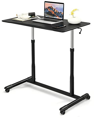 LIFEZEAL Mobiler Schreibtisch, Stehpult mit Rollen, höhenverstellbarer Laptoptisch Computertisch, Beistelltisch mit verstellbarem Griff, Stehtisch für Wohnzimmer, Schlafzimmer, Büro (Schwarz)