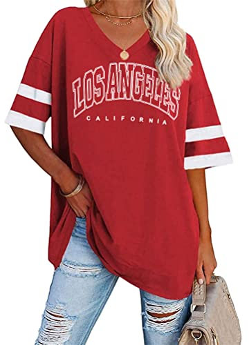 Tomwell Damen Los Angeles Tshirt mit V-Ausschnitt Kurzarm Sport T-Shirt Sommer Rundhals Oversized Oberteile Lose Tunika Lang für Teen Girls B Rot L
