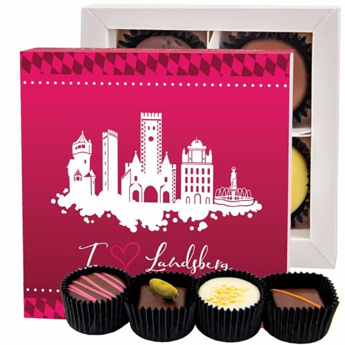 Hallingers Genuss Manufaktur Pralinen Geschenk - ohne Alkohol, handmade aus Confiserie-Edelkakao in wertiger Geschenkbox I love Landsberg, Geschenkidee für Frauen Männer