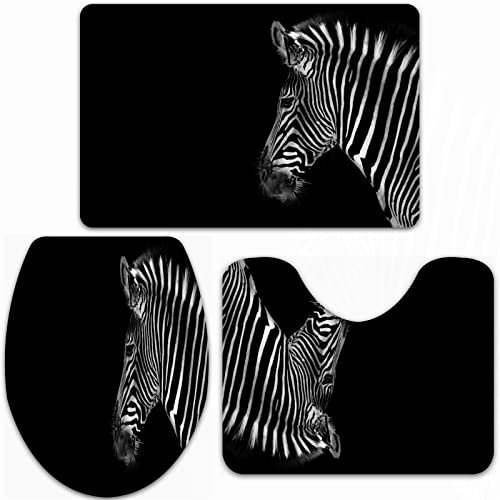 URSOPET Badteppich-Set 3-teilige, rutschfeste,Schwarz-Weiß-Zebra,rutschfeste Badematte, U-förmiger Konturteppich und Toilettendeckel