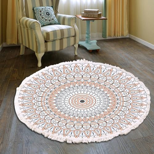 Vintage Boho Baumwolle Teppiche Mandala Muster Waschbar Handgewebte Böhmische Runder Teppich mit Quasten für Schlafzimmer Flur Wohnzimmer Couchtisch Fußmatten,Waschmaschinenfest,120CM Blumen #24